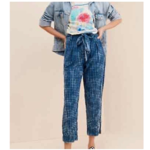 Anthropologie Maeve Avryl Bleached Slim Blue Checkered Plaid Pants - Picture 2 of 8